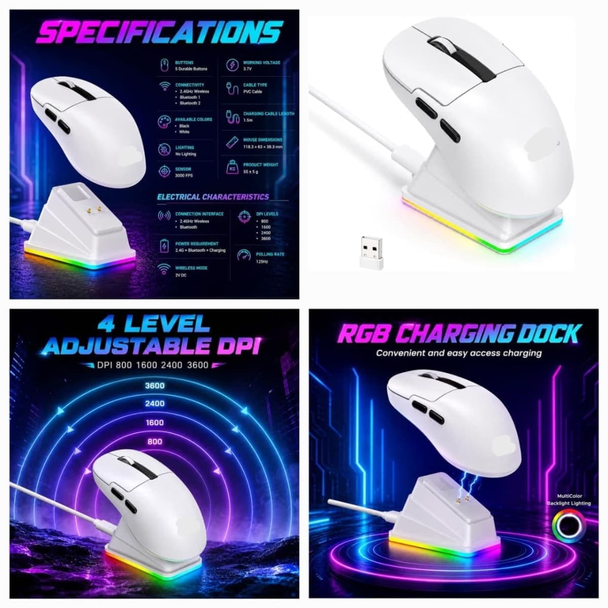 White Wireless Gaming Mouse with RGB Charging Dock and Adjustable DPI
