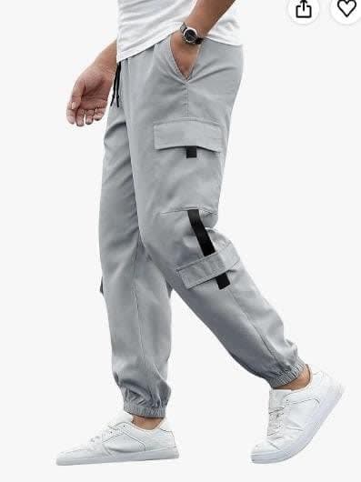 Men's Grey Casual Cargo Jogger Trousers with Contrast Straps