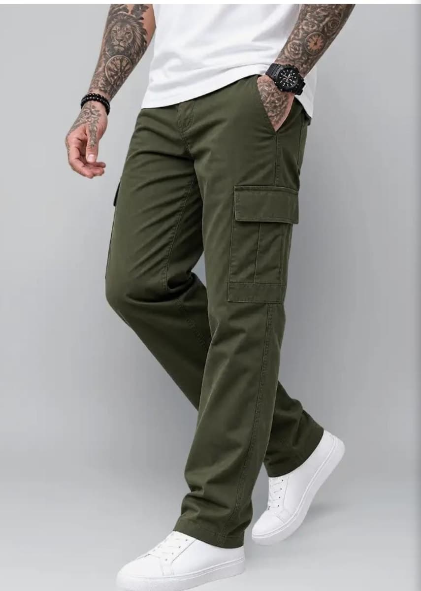 Men's Olive Green Cargo Trousers Casual Utility Pants