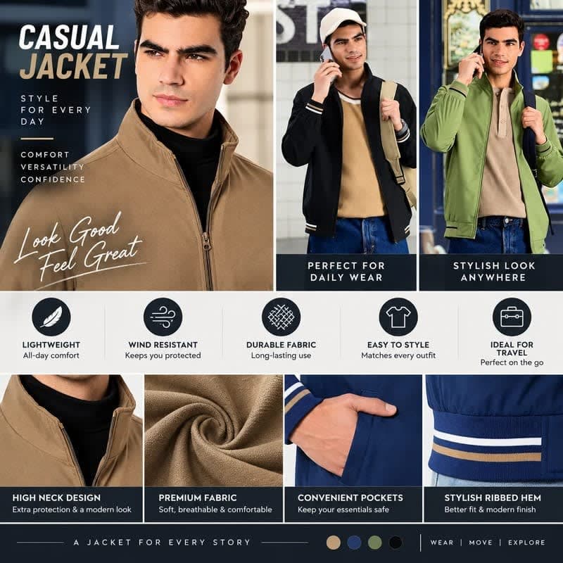 Men Casual Jacket With High Neck Design And Ribbed Hem