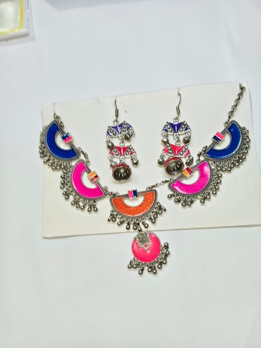 Oxidised Silver Plated Colorful Enamel Necklace Set with Jhumka Earrings