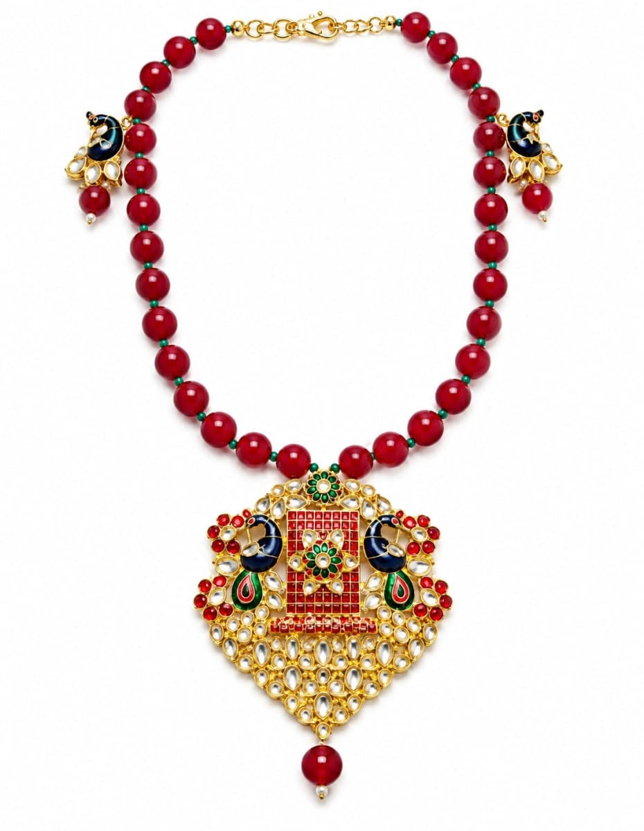 Women Gold-toned Kundan Meena Maroon Bead Necklace Set