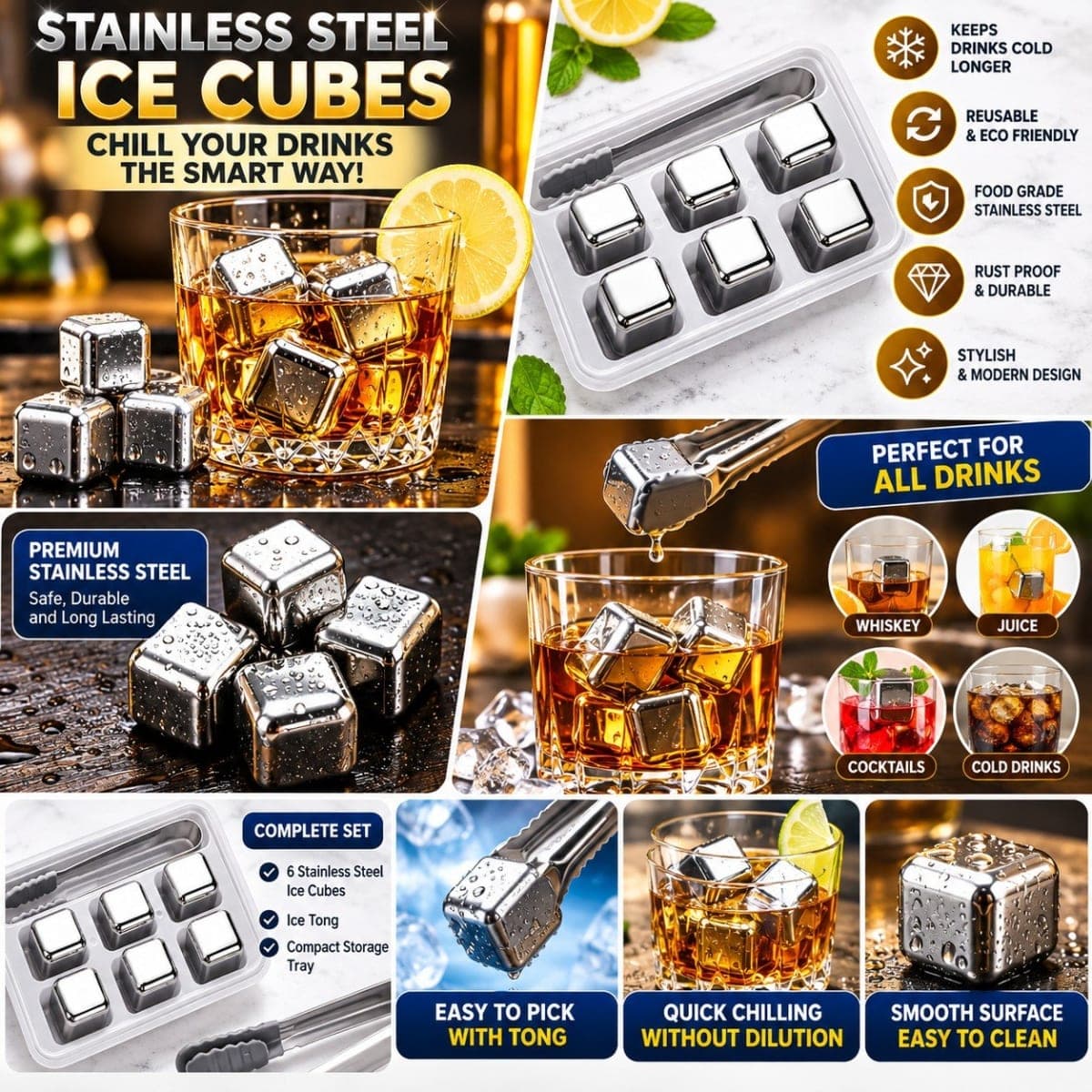 Stainless Steel Ice Cubes Set with Tong and Storage Tray - Silver, Stainless Steel, Kitchen & Serveware - photo 1 of 1