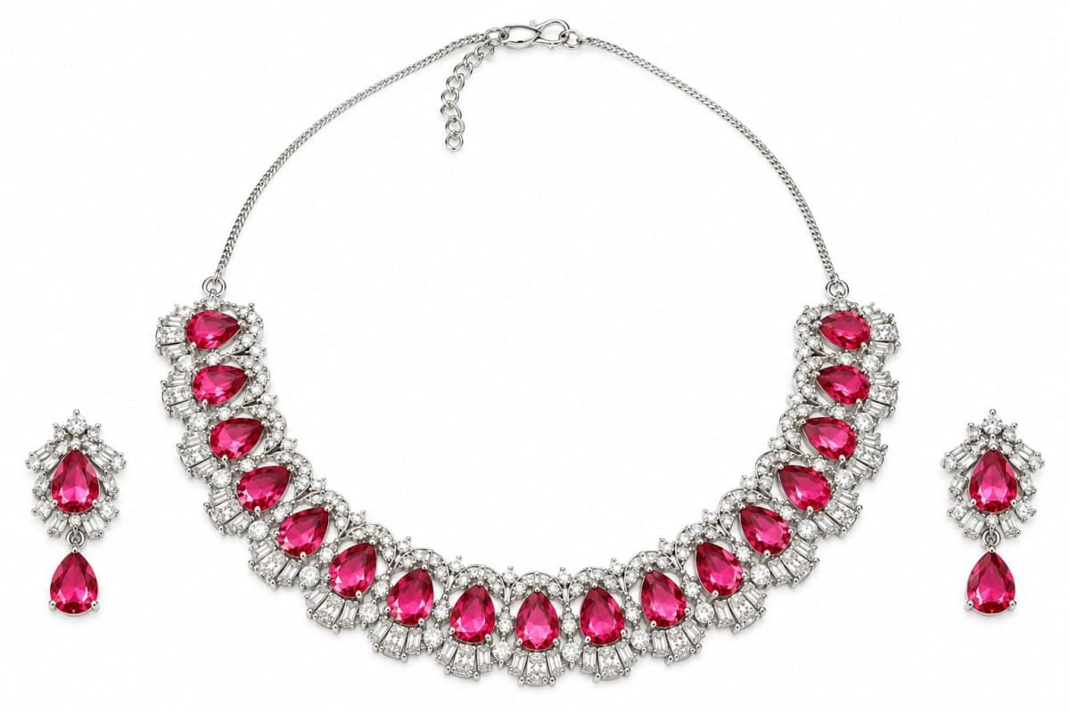 Silver-Toned American Diamond Pink Stone Necklace and Earrings Set