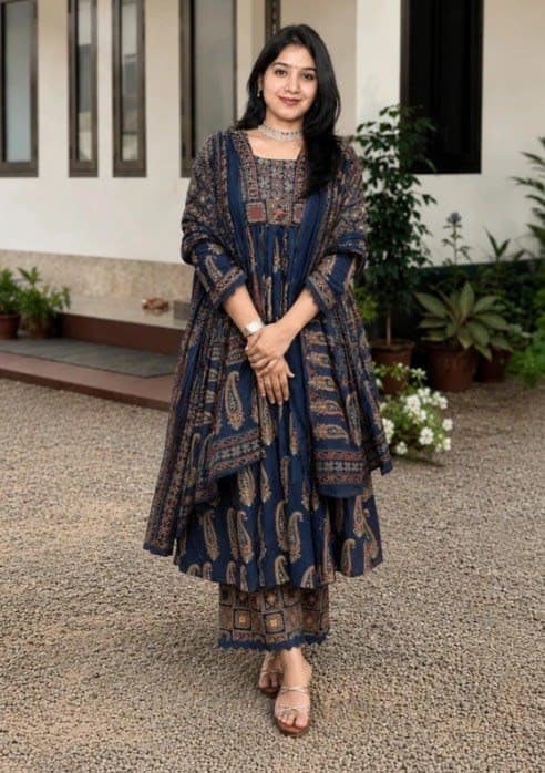 Women Blue Printed Cotton Kurta Palazzo and Dupatta Set - Blue, Cotton, Kurtas & Suits - photo 1 of 1