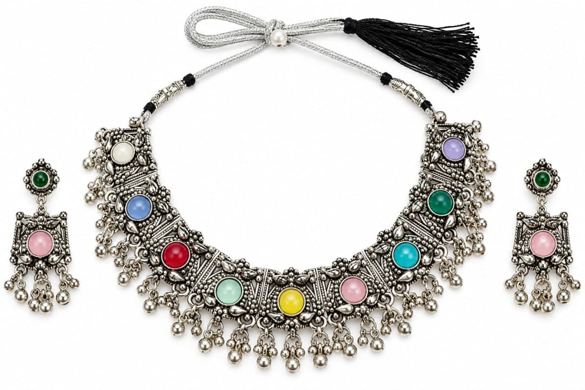 Oxidised Silver Multicolored Stone Choker Necklace Set