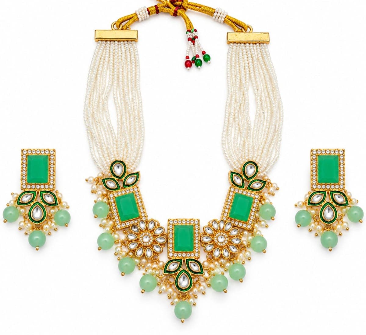 Gold-Toned Kundan Meena Green Stone Necklace Set with Earrings - Green, metal, stone, pearl, Kundan & Polki - photo 1 of 3