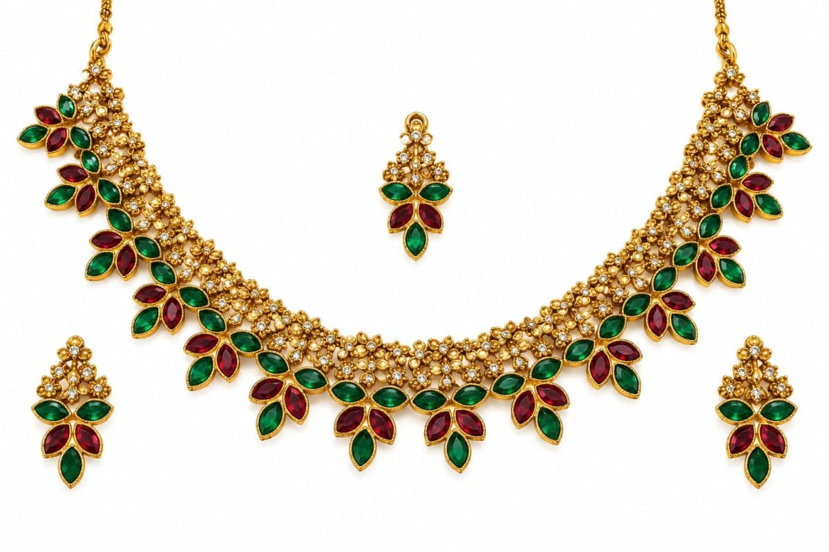 Matte Gold-Toned with Green and Red Stone Necklace Set with Earrings - Gold, Metal and synthetic stones, Necklaces & Pendants - photo 1 of 3