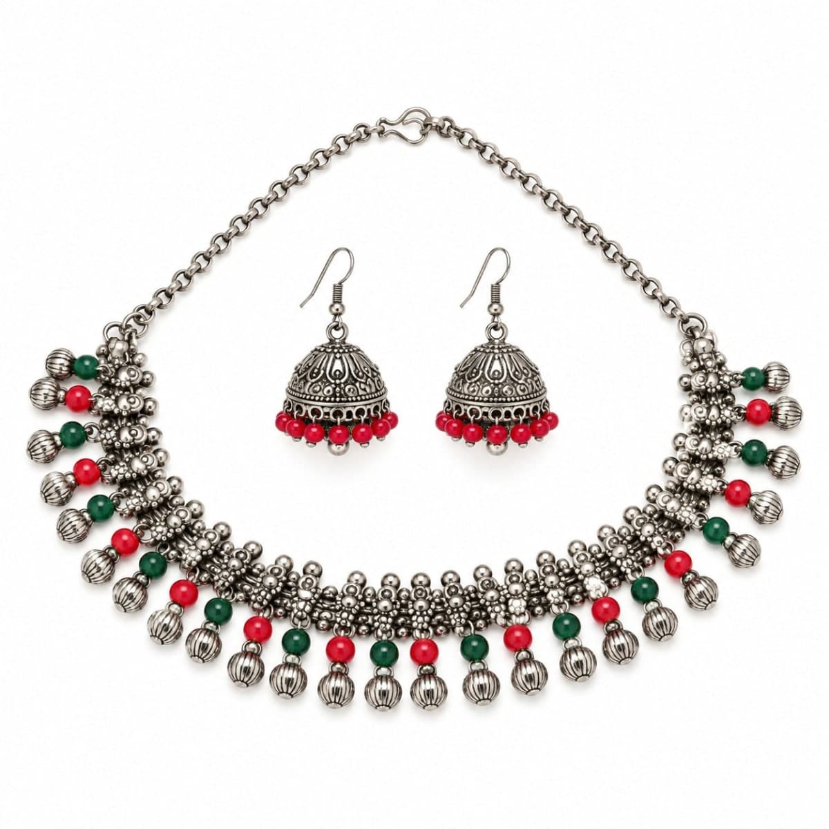 Oxidised Silver Plated Beaded Necklace Set with Jhumka Earrings - Silver/Oxidised Silver, Silver Plated, Oxidised & Silver Jewellery - photo 1 of 3