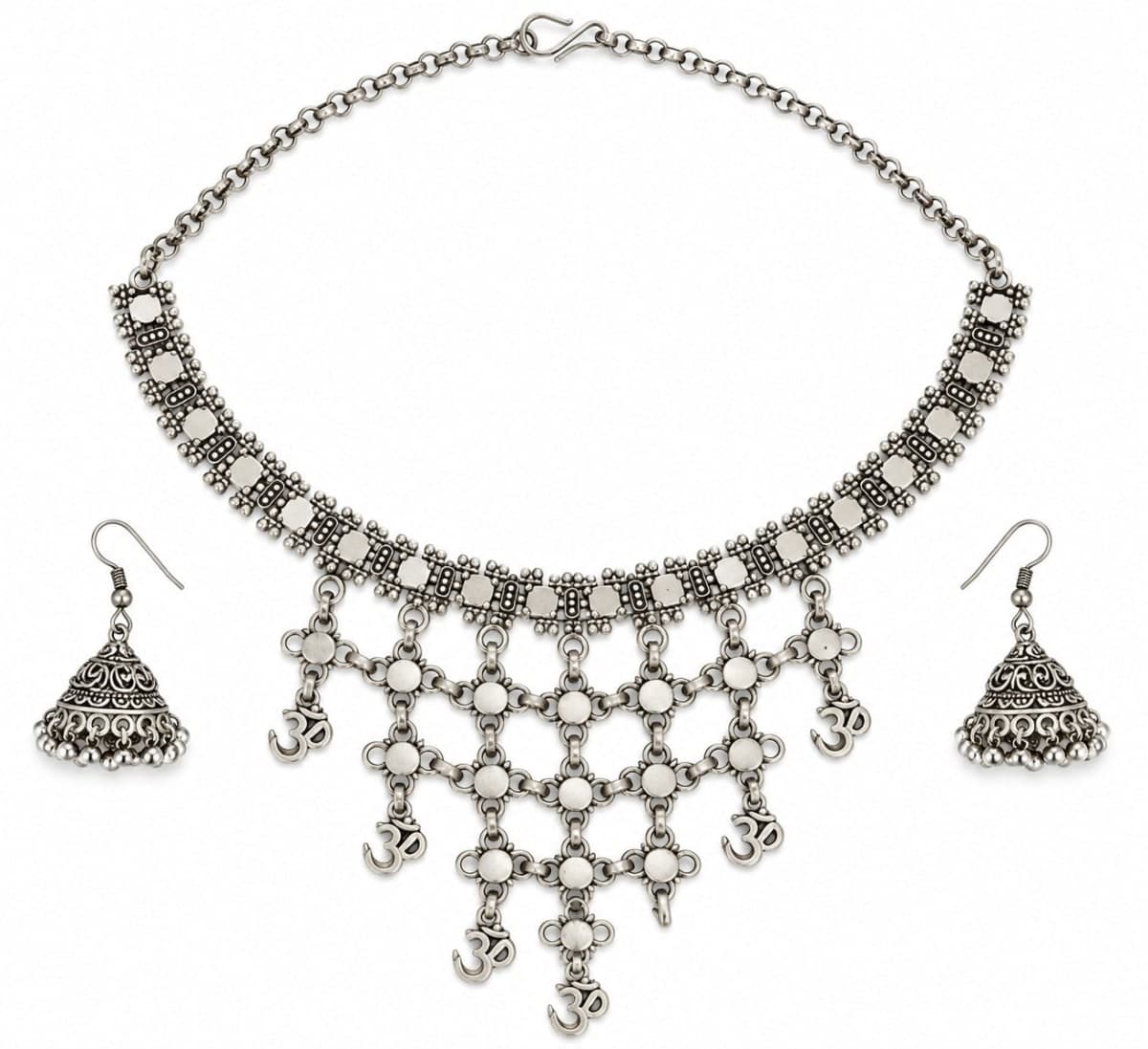 Oxidised German Silver Necklace Set with Jhumka Earrings - Silver, German Silver, Oxidised & Silver Jewellery - photo 1 of 3