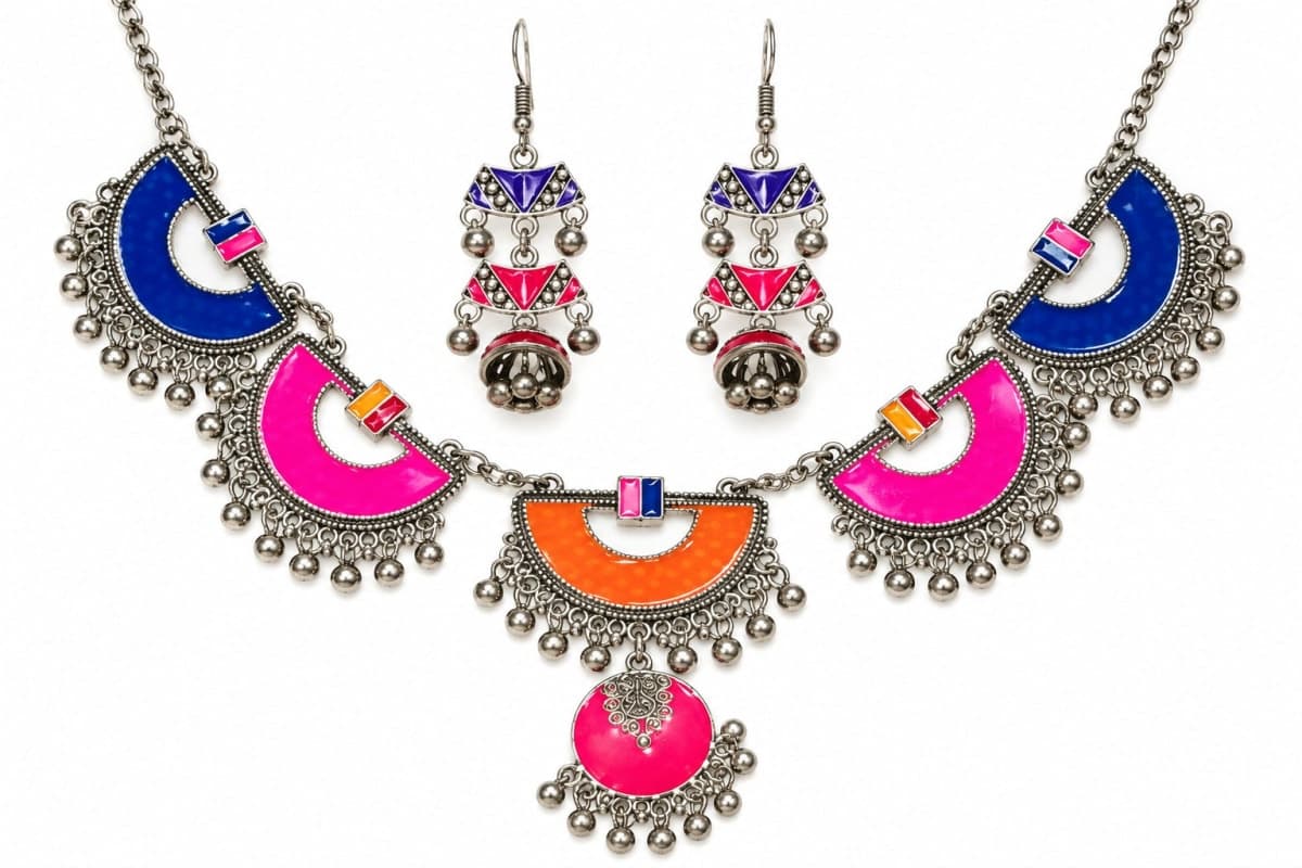 Oxidised Silver Plated Colorful Enamel Necklace Set with Jhumka Earrings