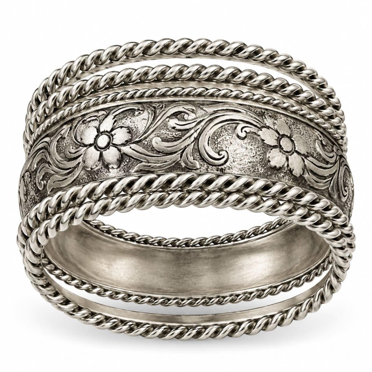 Silver Tone Floral Engraved and Rope Twist Stackable Bangle Bracelet Set
