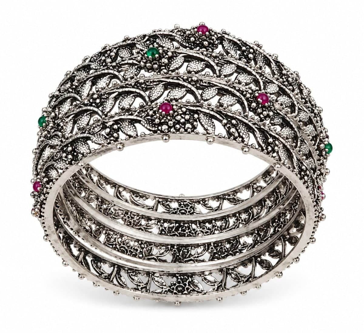 Oxidised Silver Churi Bangles With Stones Set - Silver, Metal, Oxidised & Silver Jewellery - photo 1 of 2