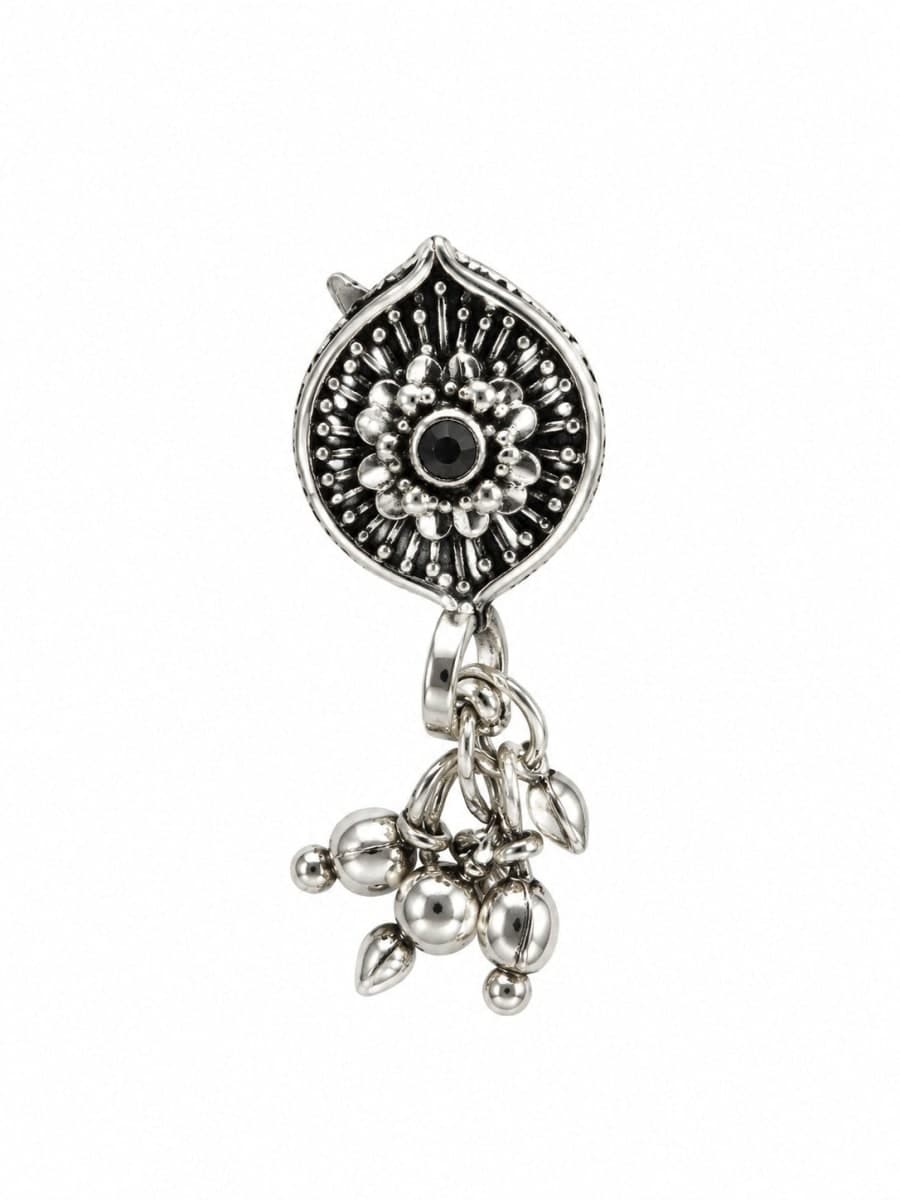 Oxidised Silver Plated Traditional Nose Pin with Dangling Ghungroo - Silver, Metal, Nose Pins & Nath - photo 1 of 3