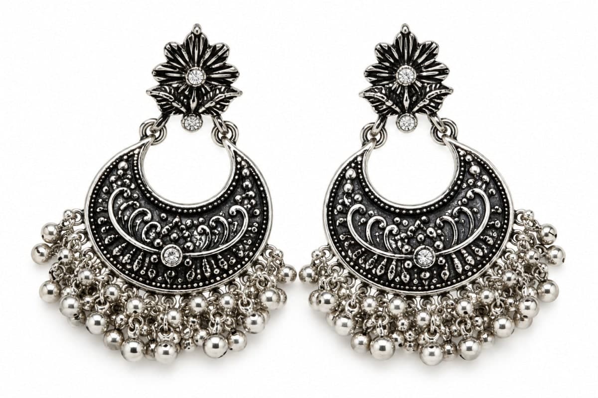 Oxidised Silver Jhumka Earrings with Beads for Women
