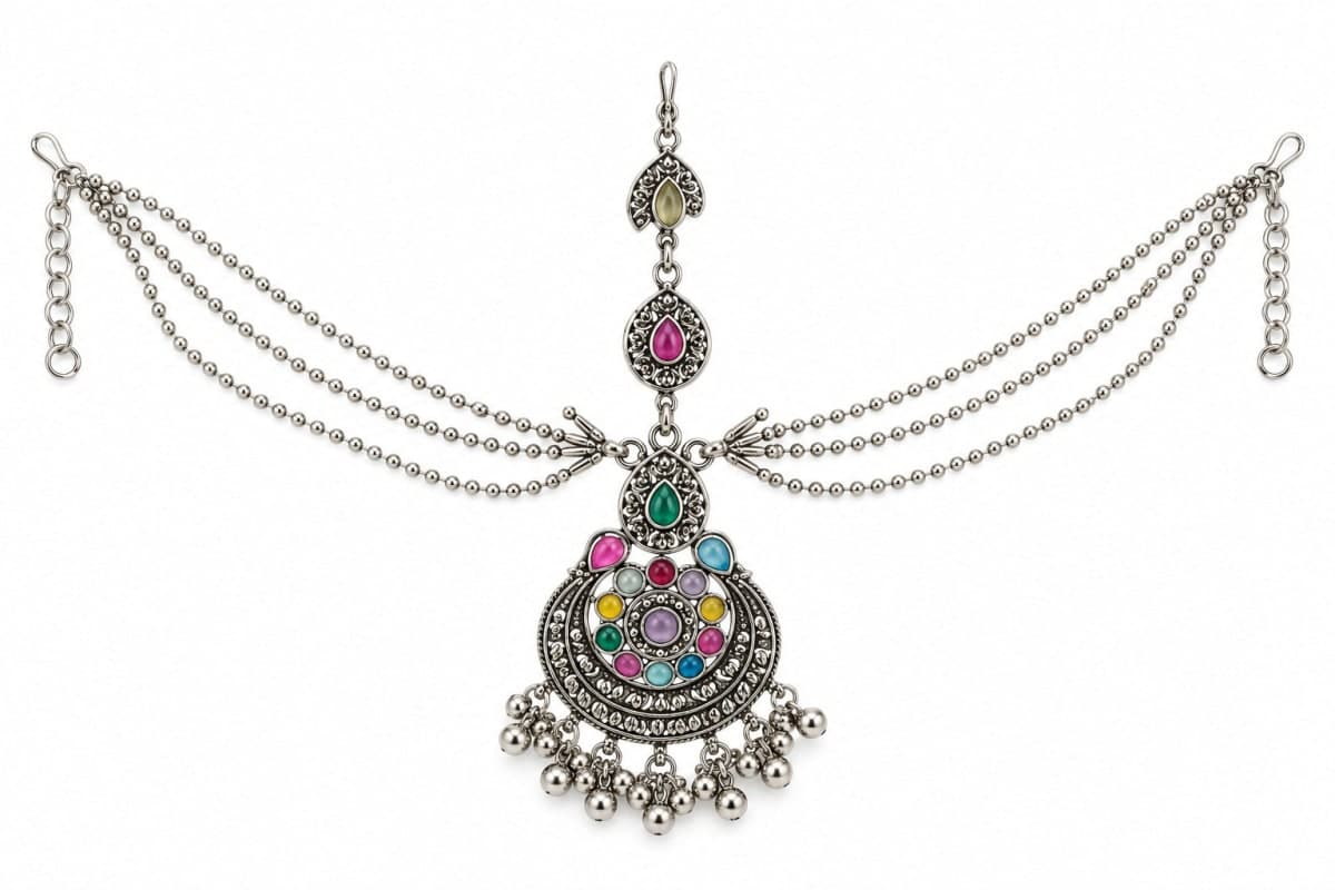 Oxidised Silver-Plated Mangtika with Mathapatti for Women - Silver, Metal with stones, Maang Tikka - photo 1 of 3