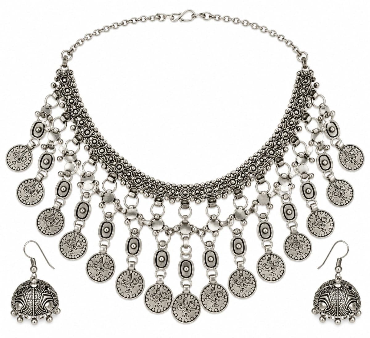 Oxidised Silver-Toned Choker Necklace Set with Jhumka Earrings