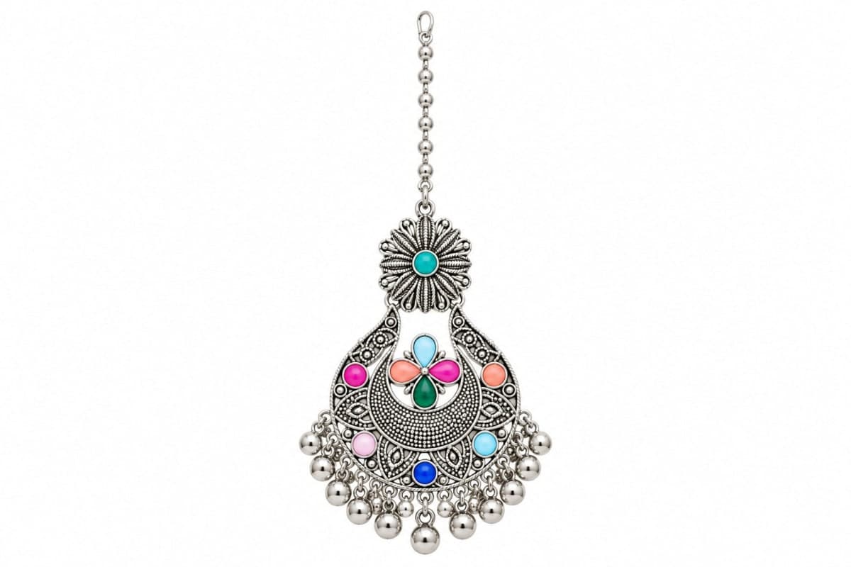 Oxidised Silver-Toned Multi-Colour Meenakari Maang Tikka for Women - Silver/Oxidised Silver, German silver, Maang Tikka - photo 1 of 3