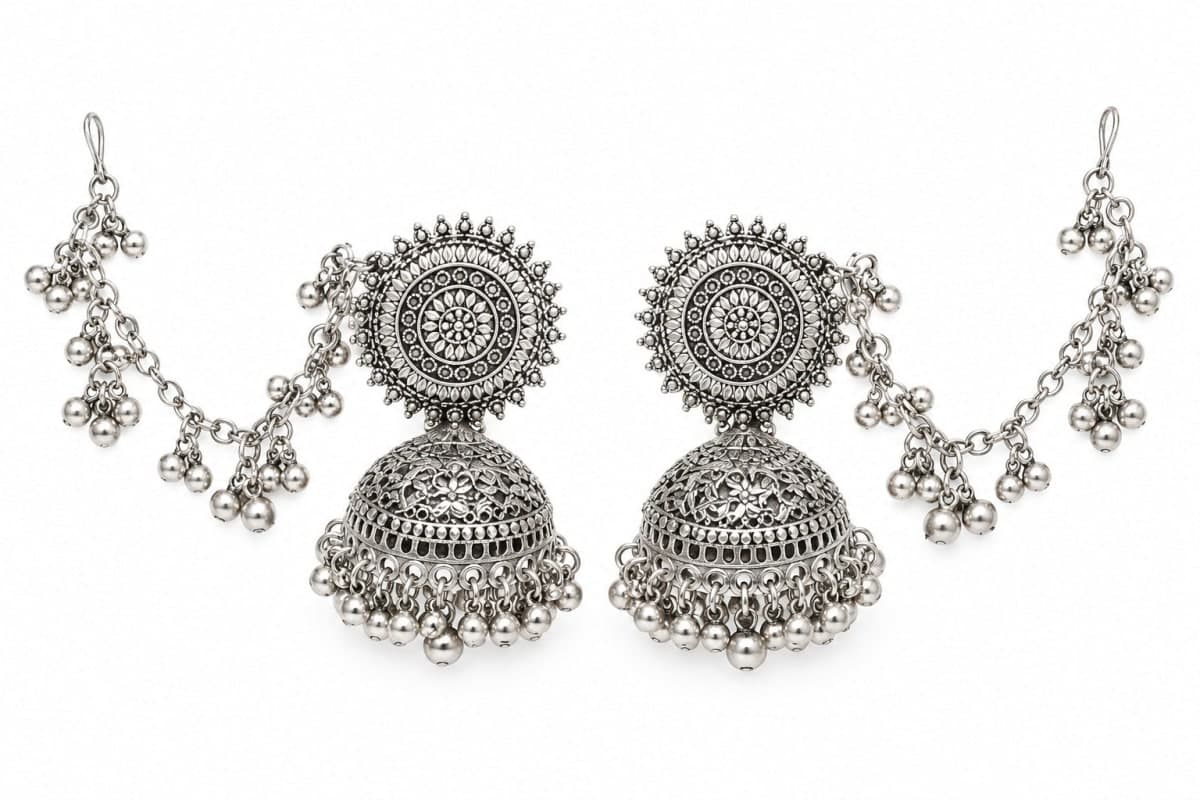 Oxidised Silver Plated Jhumka Earrings with Kanauti Ear Chains