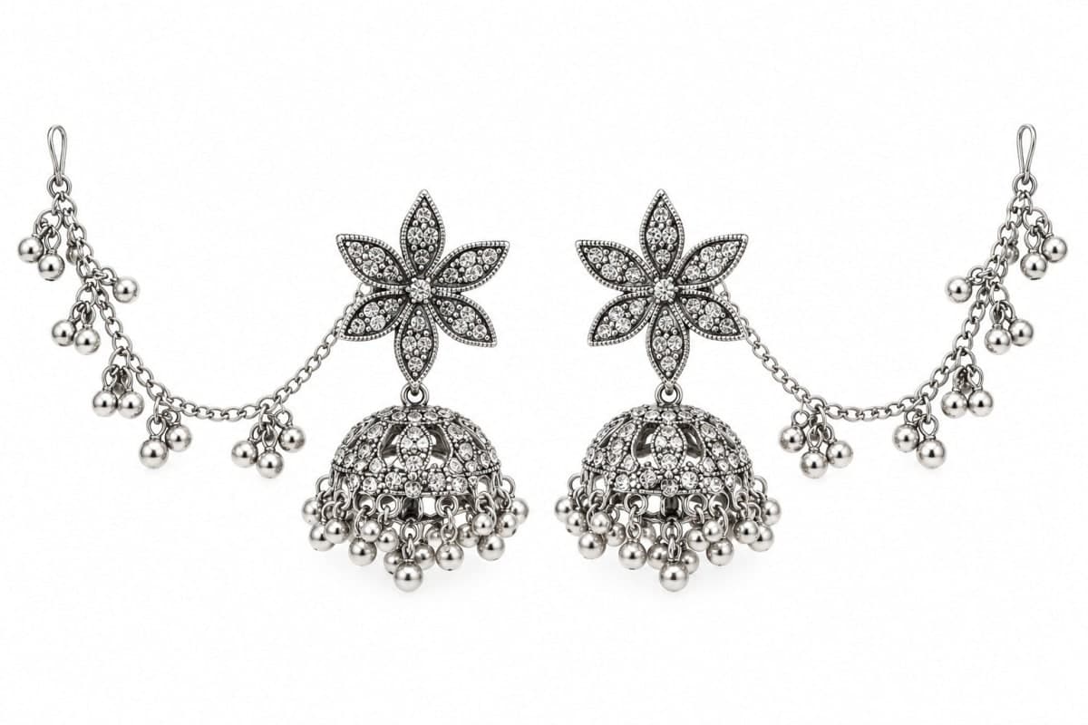Oxidised Silver Plated Jhumka Earrings with Kanauti Ear Chains - Silver/Oxidised Silver, Oxidised metal and crystals, Oxidised & Silver Jewellery - photo 1 of 3