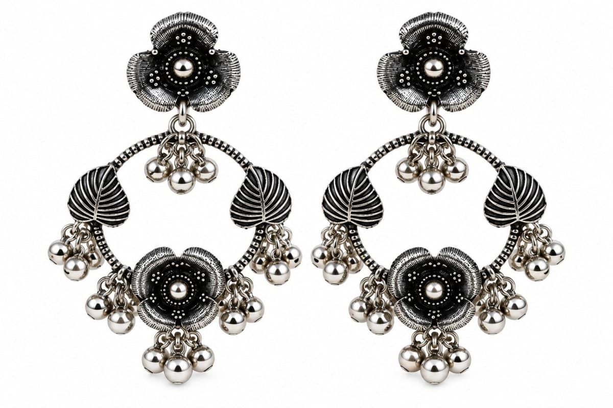 Oxidised Silver-Toned Floral Leaf Drop Earrings for Women - Silver/Oxidised Silver, Metal, Oxidised & Silver Jewellery - photo 1 of 3