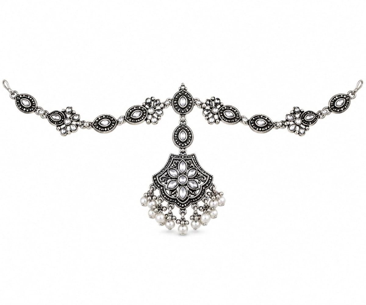 Oxidised Silver Toned Stone Studded Maang Tikka Matha Patti with Pearls - Oxidised Silver, Metal, Maang Tikka - photo 1 of 3
