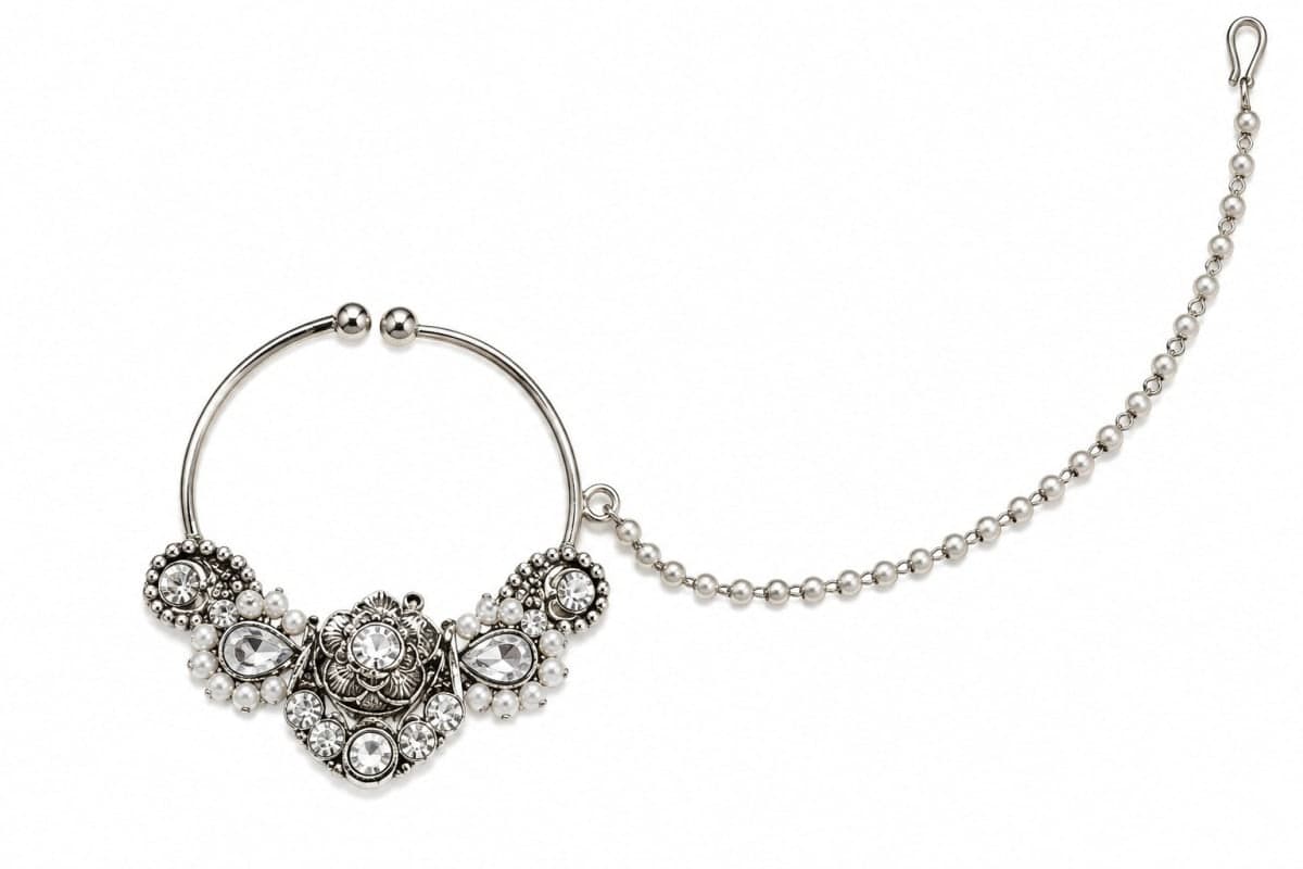 Silver-toned Oxidised Kundan Nath Nose Ring with Chain for Women - Silver/Oxidised Silver, Metal, Nose Pins & Nath - photo 1 of 3