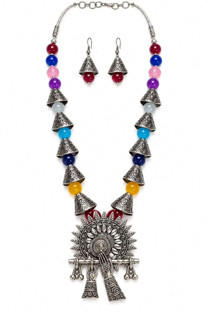 Women Silver-Plated Oxidised Multicolour Beaded Pendant Necklace Set