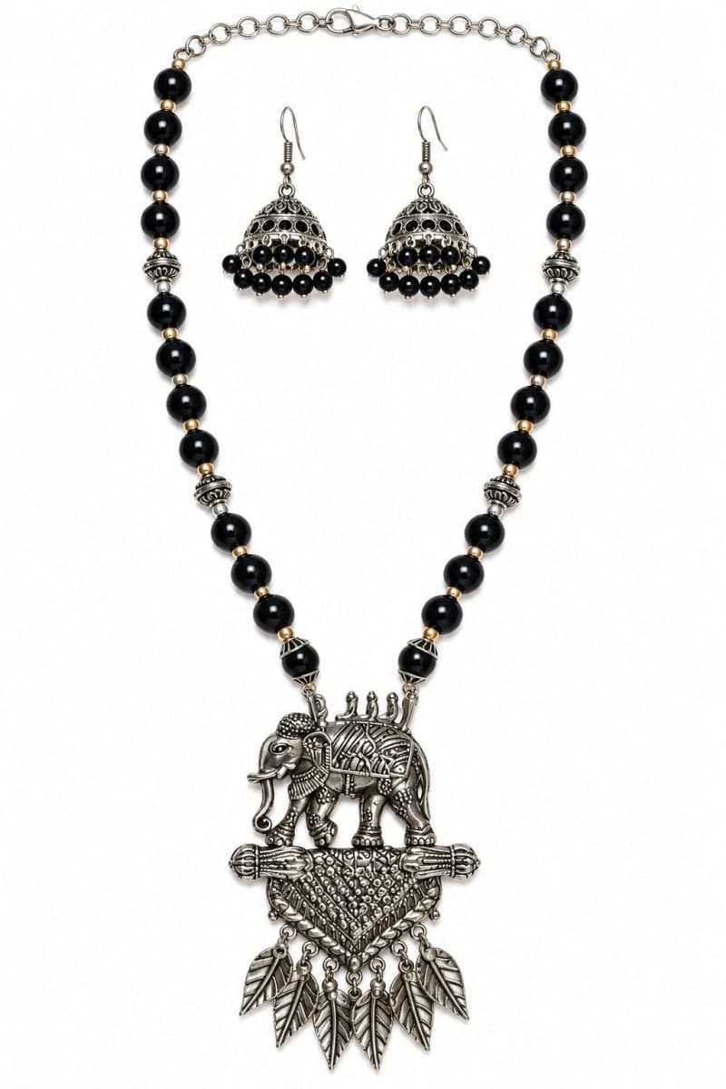 Women Black Beaded Oxidised Silver Plated Elephant Necklace Set with Jhumka - Oxidised Silver, German silver, Oxidised & Silver Jewellery - photo 1 of 1