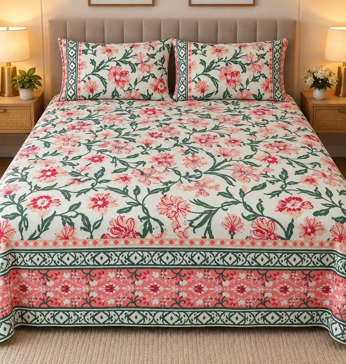 Jaipuri Floral Print Pure Cotton Double Bedsheet Cream Pink Green - Cream, Pure cotton, Bedsheets & Bedding - photo 1 of 3