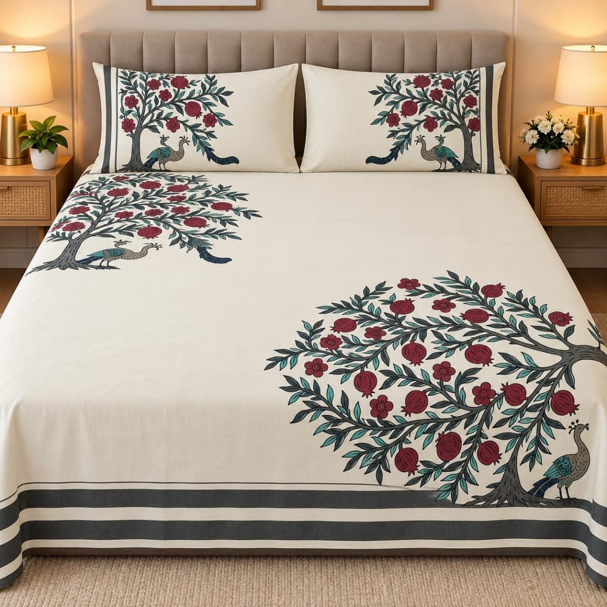 Cream Jaipuri Tree Peacock Print Pure Cotton Double Bedsheet