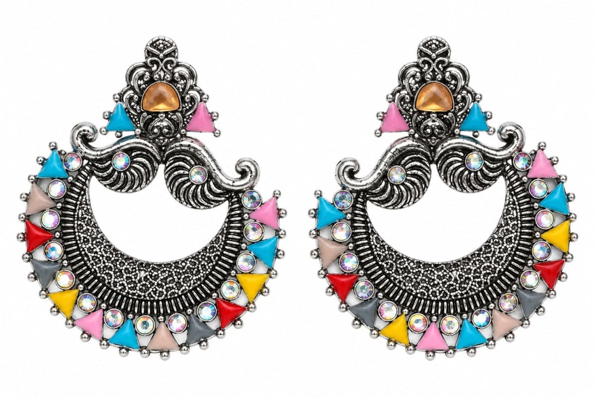 Multicolour Oxidised Silver Chandbali Earrings for Women - Silver, Metal with stones, Oxidised & Silver Jewellery - photo 1 of 3