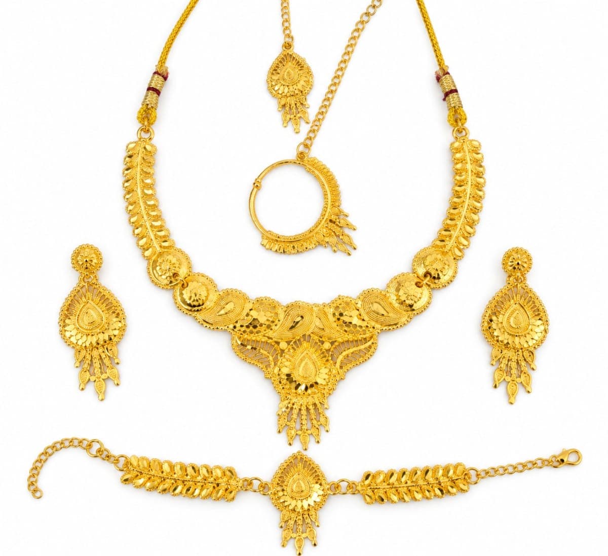 Gold Plated Necklace Set with Earrings Maang Tikka Nath and Bracelet - Gold, Metal, Necklaces & Pendants - photo 1 of 3