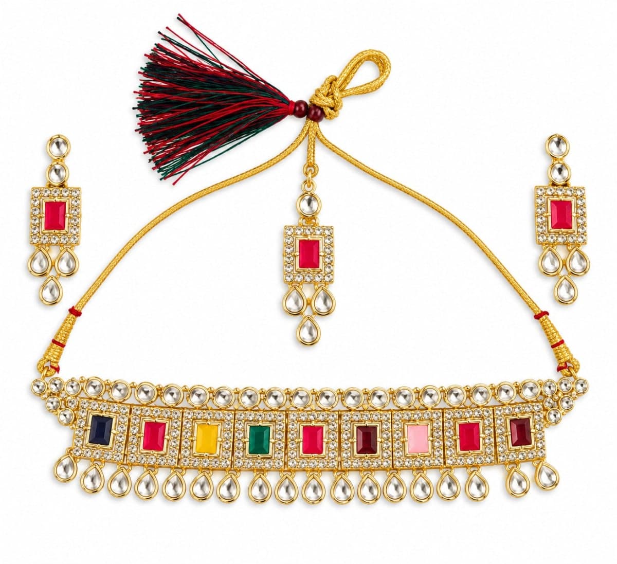 Multicolour Gold-Toned Kundan Choker Necklace Set with Earrings and Maang Tikka